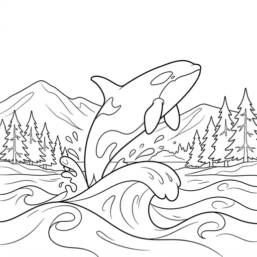 Orca Coloring Page for Adults — Breaching in Front of Mountains