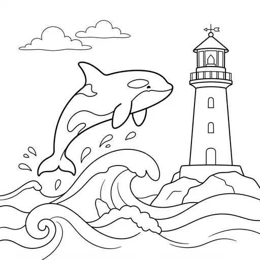 Orca Coloring Page — Leaping Over Waves Near a Lighthouse