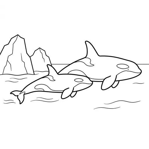 Orca Coloring Page — Swimming Past Icebergs
