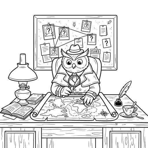 Detective Coloring Page for Adults — Detective at a Cluttered Desk