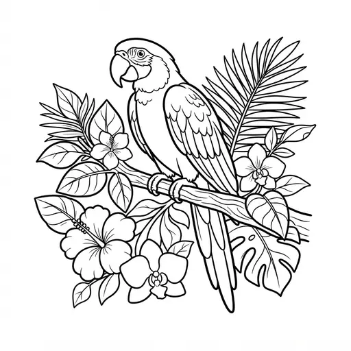 Parrot Coloring Page for Adults — Perched on a Branch with Tropical Flowers