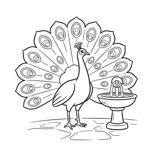 Peacock Coloring Page — Standing by a Stone Fountain