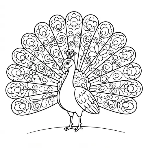 Peacock Coloring Page for Adults — Fanned Tail With Swirls And Flowers