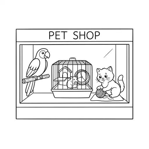 Pet Coloring Page — Parrot Hamster and Kitten in Store Window