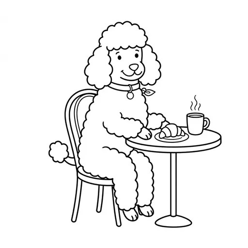Poodle Coloring Page — Sitting at a Paris Cafe Table