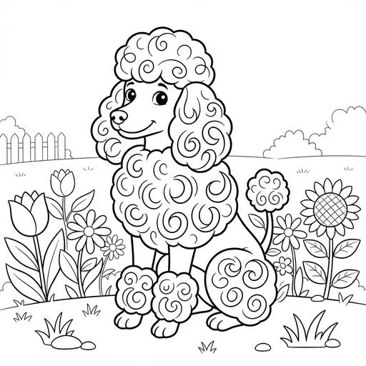 Poodle Coloring Page for Adults — Sitting in a Flower Garden