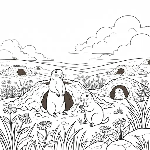 Prairie Dog Coloring Page for Adults — In a Meadow with Burrows