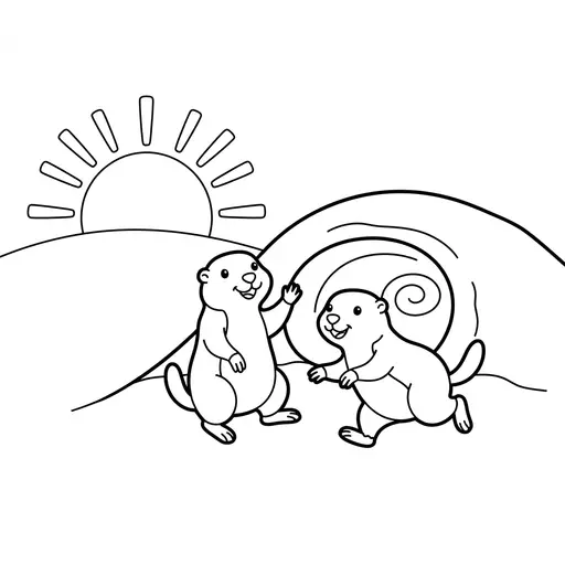 Prairie Dog Coloring Page — Playing Near Their Tunnels at Sunrise