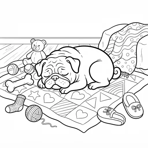 Pug Coloring Page for Adults — Sleeping on a Quilt