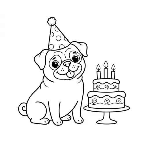 Pug Coloring Page — Wearing Party Hat Next to Cake