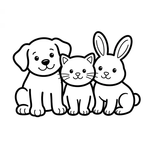 Easy Pet Coloring Page — Sitting With a Kitten and Bunny