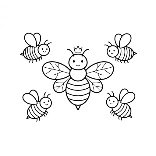 Bee Coloring Page — Queen Bee and Little Worker Bees