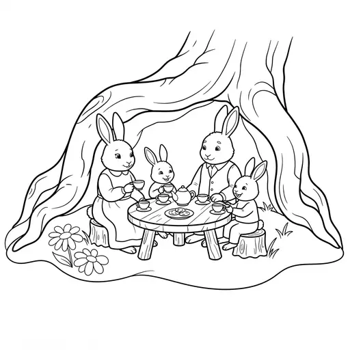 Rabbit Coloring Page — Family Having Tea Under a Tree Root