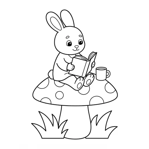 Rabbit Coloring Page — Reading a Book on a Mushroom