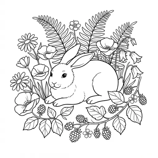 Rabbit Coloring Page for Adults — Resting Among Wildflowers and Berries