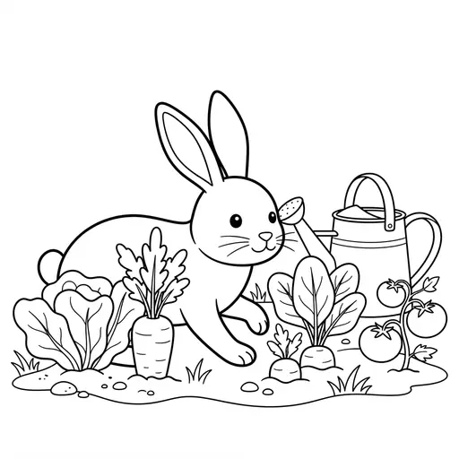 Rabbit Coloring Page — In a Vegetable Garden