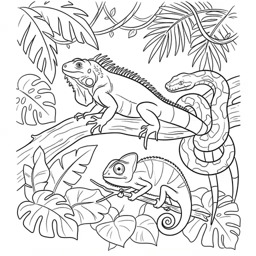 Reptile Coloring Page for Adults — Iguana, Chameleon, and Snake in Jungle