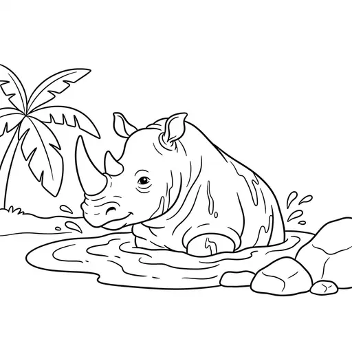 Rhinoceros Coloring Page — Wallowing in a Mud Pool