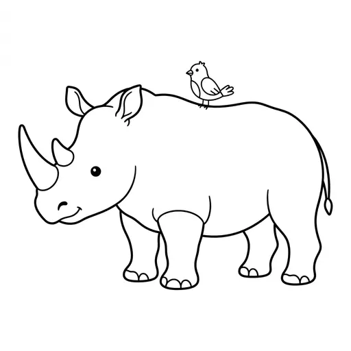 Rhinoceros Coloring Page — Friendly Rhino with Small Bird
