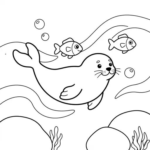 Seal Coloring Page — Swimming with Fish Under Water