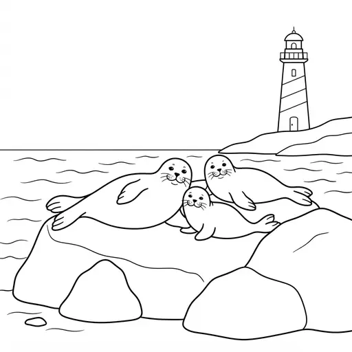 Seal Coloring Page — Lying on Rocks by Lighthouse