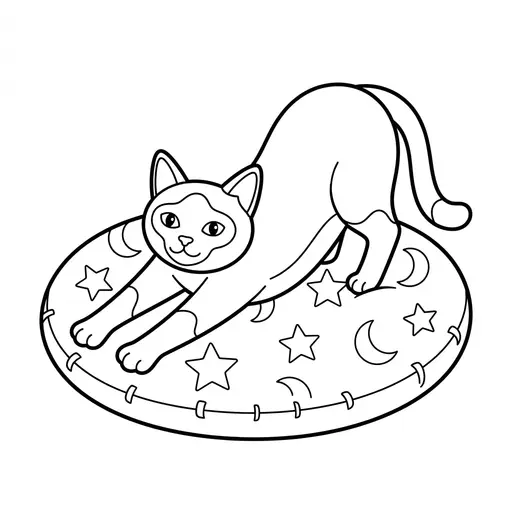 Cat Coloring Page — Stretching on a Star Cushion