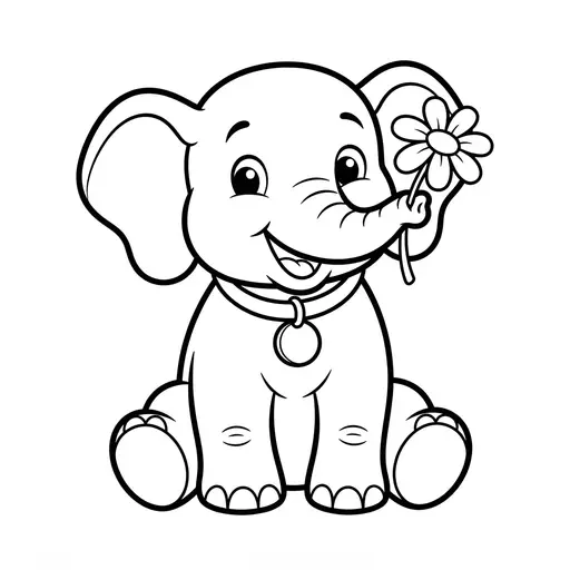 Easy Elephant Coloring Page — Sitting With a Flower