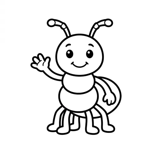 Easy Ant Coloring Page — Smiling Cartoon Ant Waving Hello