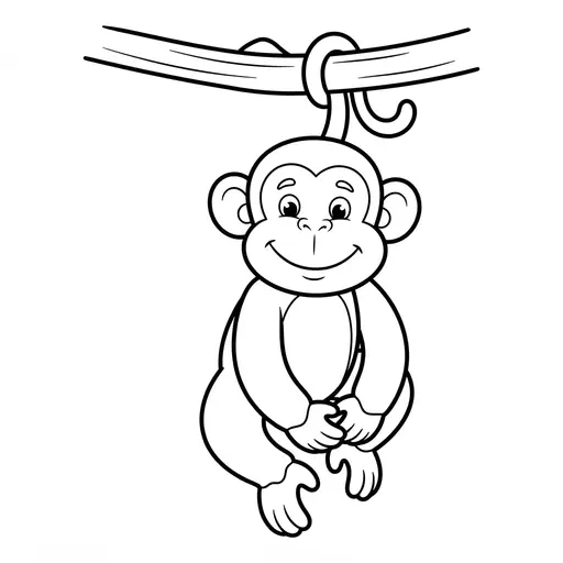 Easy Monkey Coloring Page — Hanging Upside Down From A Vine