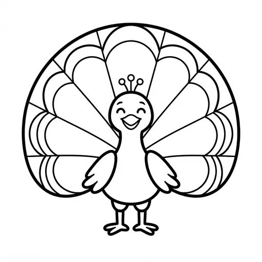 Easy Peacock Coloring Page — Smiling with Round Fan Tail