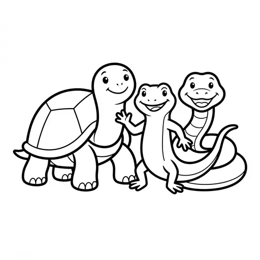 Easy Reptile Coloring Page — Turtle, Lizard and Snake