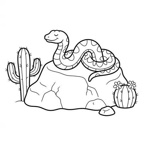 Snake Coloring Page — Sunbathing on Desert Rock with Cacti