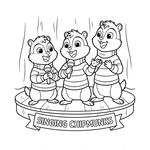 Chipmunk Coloring Page — Three Singing on Stage