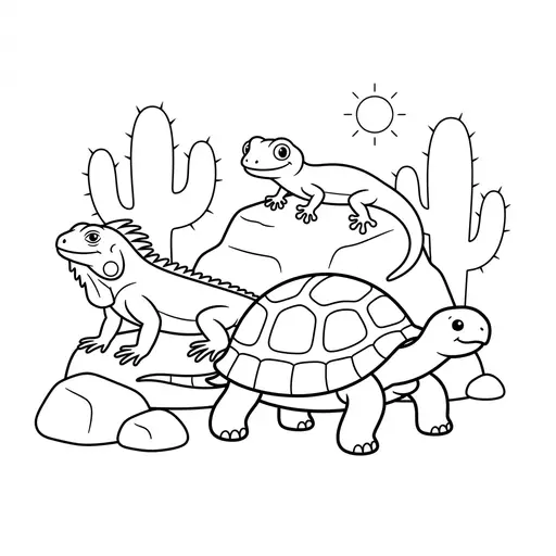 Reptile Coloring Page — Tortoise Gecko and Iguana on Rocks