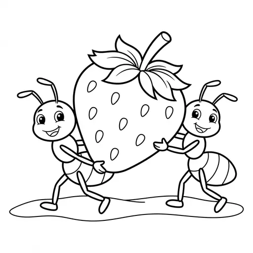 Ant Coloring Page — Two Ants Carrying a Strawberry