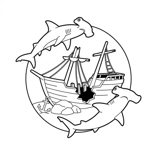 Hammerhead Shark Coloring Page — Hammerheads Around a Shipwreck