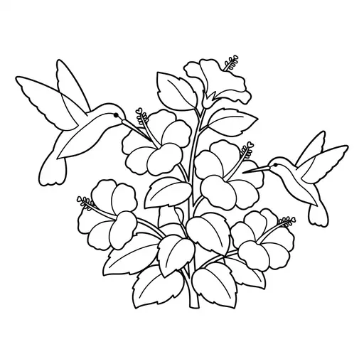 Hummingbird Coloring Page — Flying Around a Hibiscus Bush