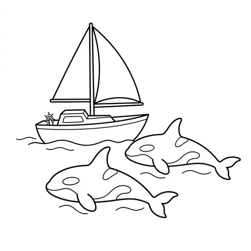 Orca Coloring Page — Swimming Beside a Sailboat