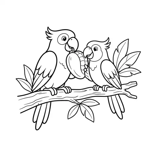 Parrot Coloring Page — Two Parrots Sharing a Fruit
