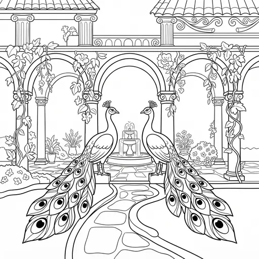 Peacock Coloring Page for Adults — In a Palace Garden