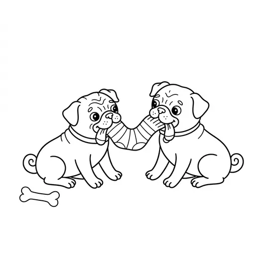 Pug Coloring Page — Two Puppies Playing With a Sock