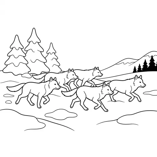 Wolf Coloring Page — Pack Running Through Snowy Forest
