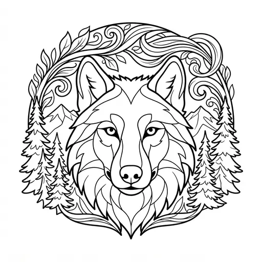 Wolf Coloring Page for Adults — Face Framed by Pine Trees