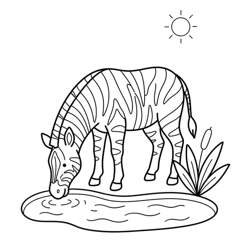 Zebra Coloring Page — Drinking at a Watering Hole