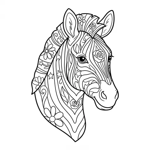 Zebra Coloring Page for Adults — Head Decorated With Flowers