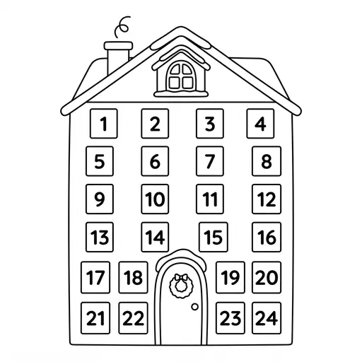 Advent Calendar Coloring Page for Adults — House Shaped with Numbered Doors