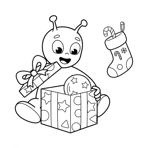 Easy Alien Coloring Page — Opening a Christmas Present