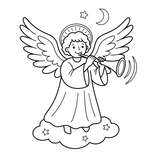 Angel Coloring Page — Playing a Trumpet on a Cloud