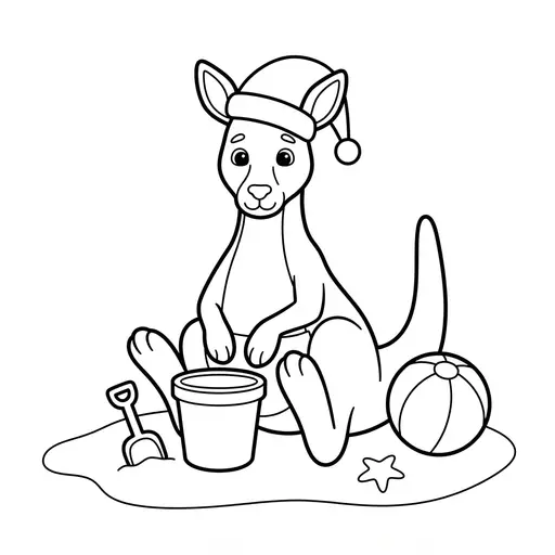 Kangaroo Coloring Page — Wearing a Santa Hat at the Beach