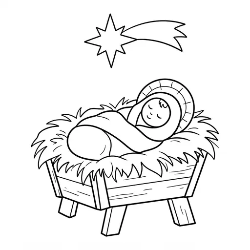 Easy Baby Jesus Coloring Page — In a Manger With a Star Above